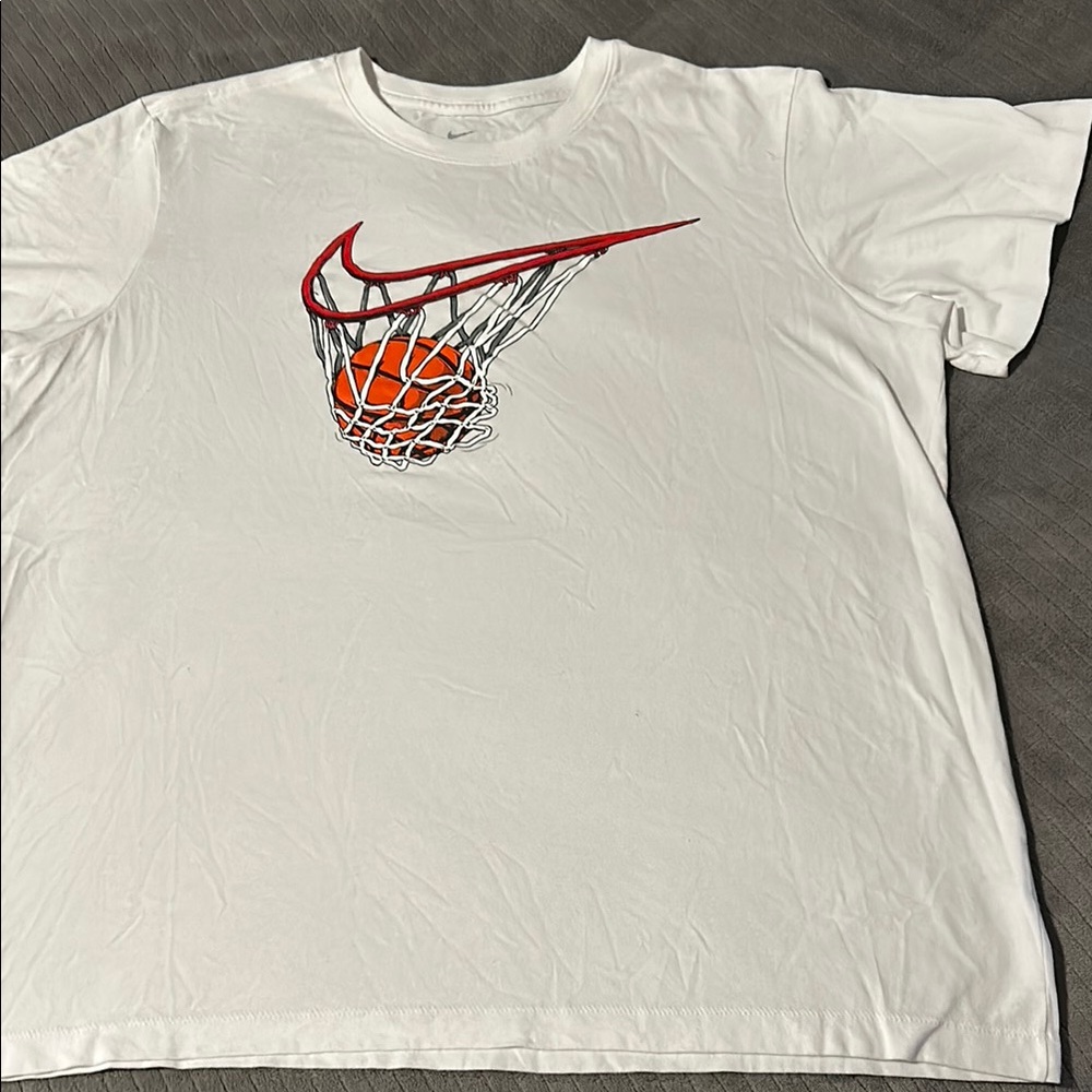 Nike White T-Shirt with Red Swoosh and Basketball Graphic